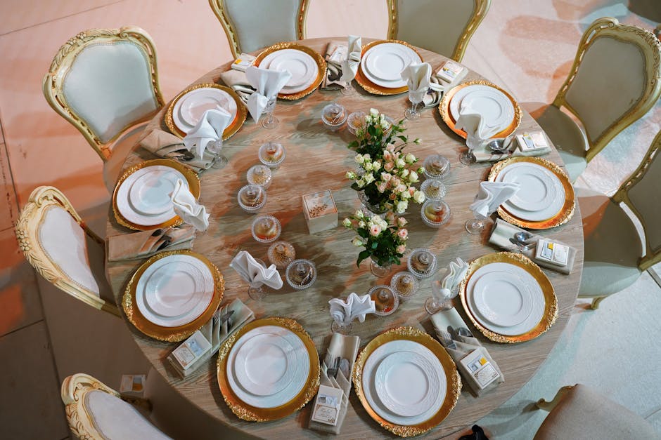 Elegant wedding catering table setup with fine dining details
